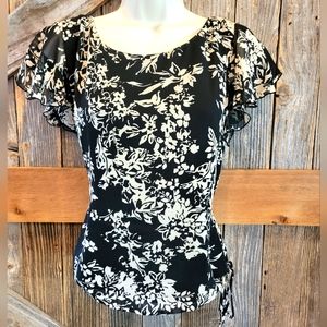 Adrianna Papell Vintage Blouse 100% Silk Black Size 12 Floral Side Zip Short Sle